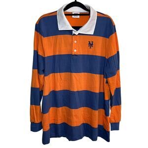 Vintage New York Mets Rugby Polo Shirt Stripe Orange Navy Size Large Long Sleeve